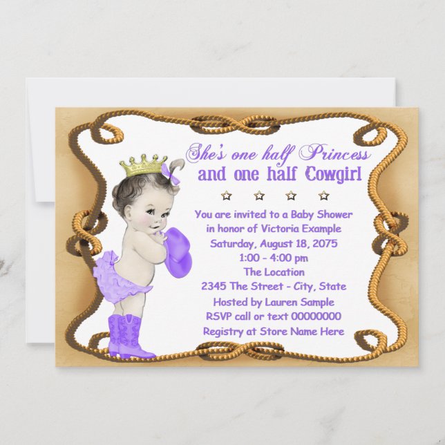 Purple Cowgirl Princess Baby Shower Invitation (Front)