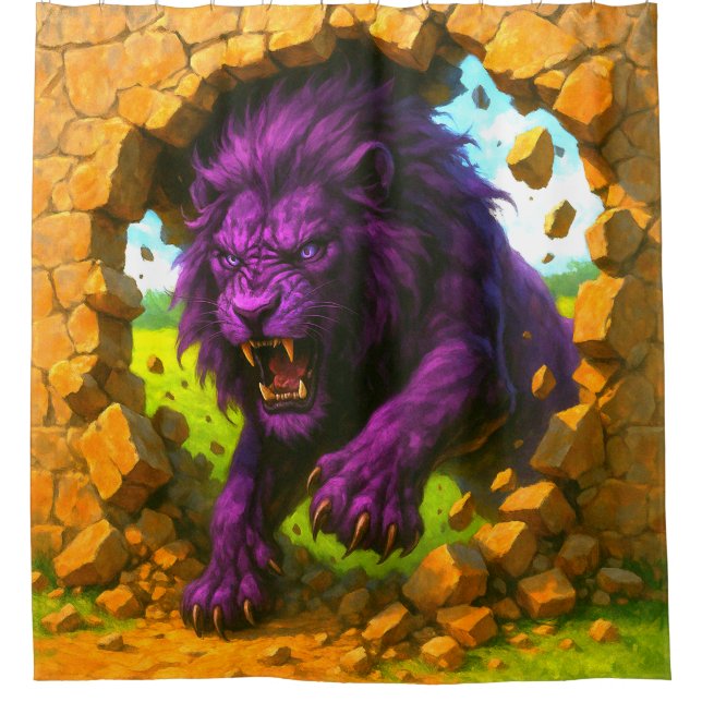 Purple Crashing Lion Shower Curtain (Front)