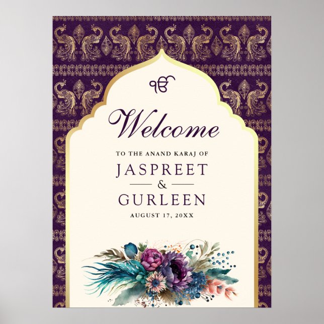 Purple Cream Anand Karaj Wedding Welcome Sign (Front)