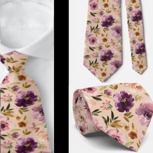 Purple Cream Blush Pink Watercolor Floral Neck Ti Tie