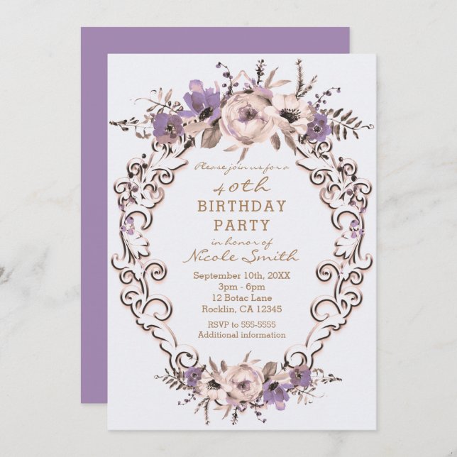 Purple Cream Botanical Floral Birthday Party Invitation (Front/Back)