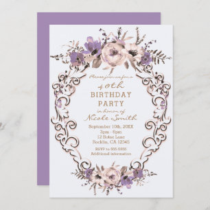 Purple Cream Botanical Floral Birthday Party Invitation