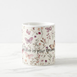 Purple Cream Butterflies Floral Believe Dreams Coffee Mug