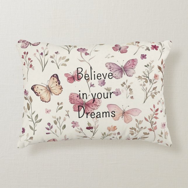 Purple Cream Butterflies Floral Believe Dreams Decorative Cushion (Front)