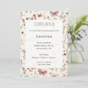 Purple Cream Butterflies Floral Birthday Invitation