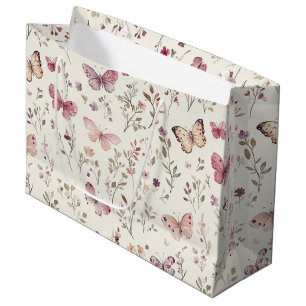 Purple Cream Butterflies Floral Birthday Large Gift Bag