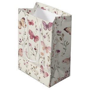 Purple Cream Butterflies Floral Birthday Medium Gift Bag