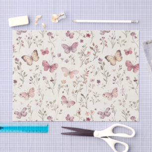 Purple Cream Butterflies Floral Birthday Tissue Paper