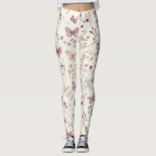 Purple Cream Butterflies Floral Leggings