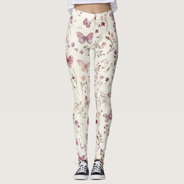 Purple Cream Butterflies Floral Leggings (Front)
