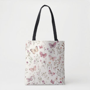 Purple Cream Butterflies Floral Tote Bag