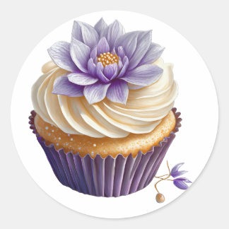 Purple cream cupcake with flower birthday  classic round sticker