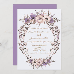 Purple Cream Elegant Botanical Floral Wedding Invitation