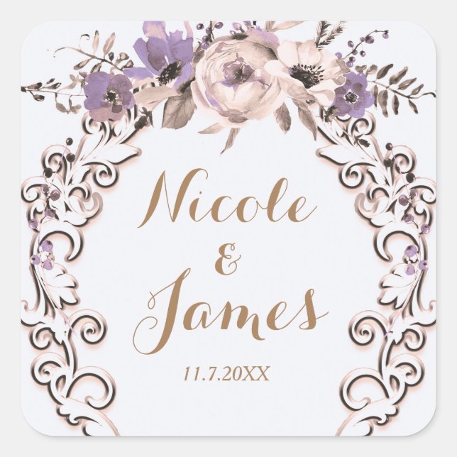 Purple Cream Elegant Botanical Floral Wedding Square Sticker (Front)