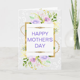 Purple Cream Flowers & Gold Glitter Mother's Day Card