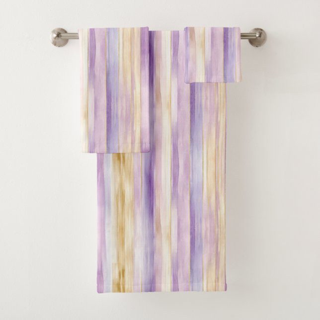 Purple Cream Iris Stripes   Bath Towel Set (Insitu)