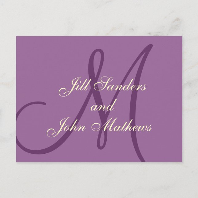 Purple Cream Monogram Names Save the Date Cards (Front)