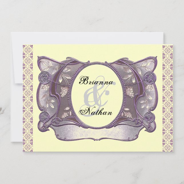 Purple & Cream Ornate Vintage Wedding Invitation (Front)