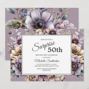 Purple Cream Taupe Floral Surprse 50th Birthday Invitation