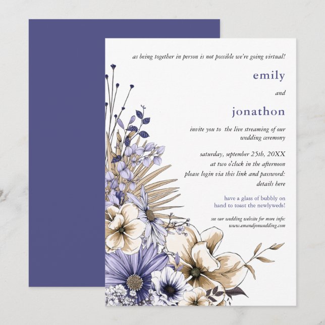 Purple Cream Watercolor Florals Virtual Wedding Invitation (Front/Back)