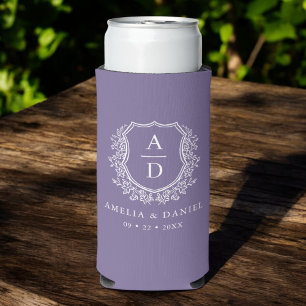 Purple Crest Botanical Monogram Wedding Seltzer Can Cooler