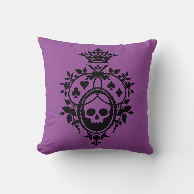 Purple Crest with Skull and Cardsuits Throw Pillow (Front)