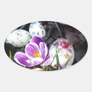 Purple Crocus and Floral Easter Eggs Oval Sticker