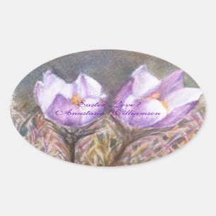 PURPLE CROCUS LOVING EASTER .. OVAL STICKER