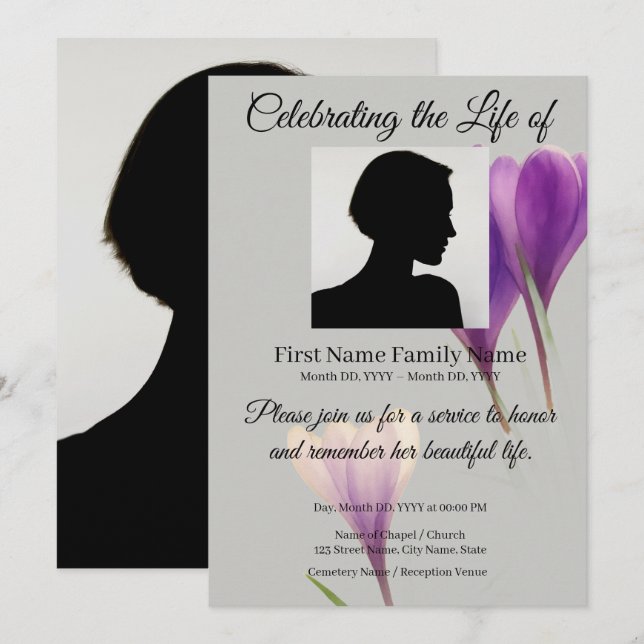 Purple crocus memorial invitation (Front/Back)