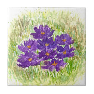 Purple Crocuses Floral watercolour rustic Kitchen Tile