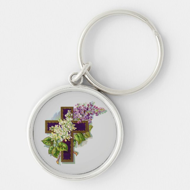 Purple Cross And Flowers Key Ring (Front)