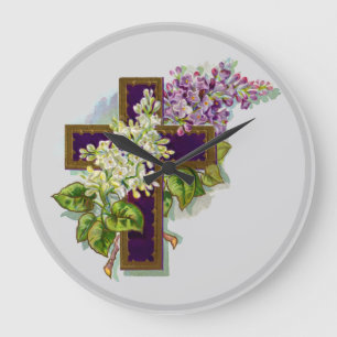 Purple Cross And Flowers Large Clock