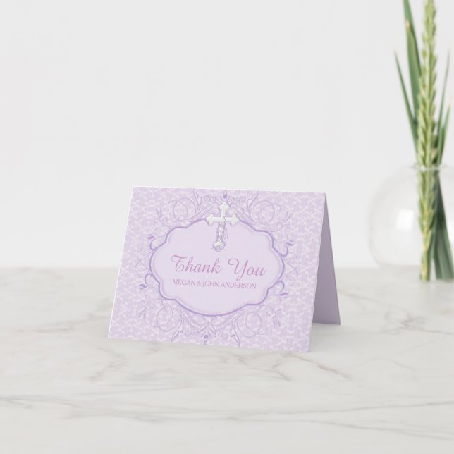 Purple Cross Baptism Christening Thank You Card (Front)