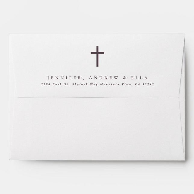 Purple Cross Calligraphy Taupe Baptism Invite Envelope (Back (Top Flap))