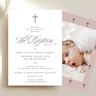 Purple Cross Calligraphy Taupe Photo Baptism Invitation