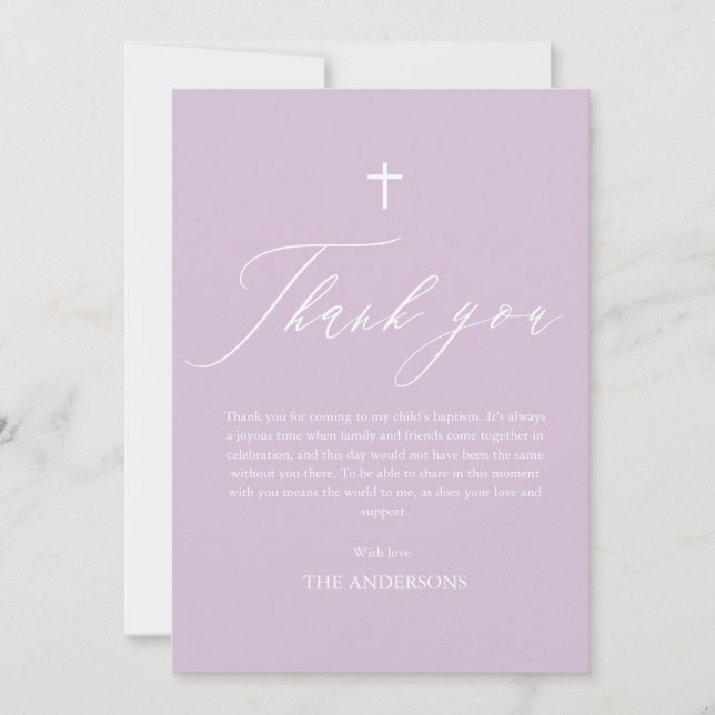 Purple Cross Girl Photo Baptism Thank You Card (Front)
