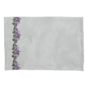 Purple Cross Stitch Violets on Grey Pillowcase