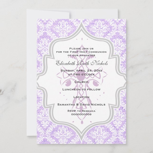 Purple Cross white damask burlap First Communion Invitation (Front)