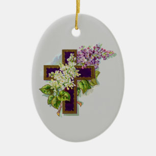 Purple Cross With Flowers Ceramic Tree Decoration