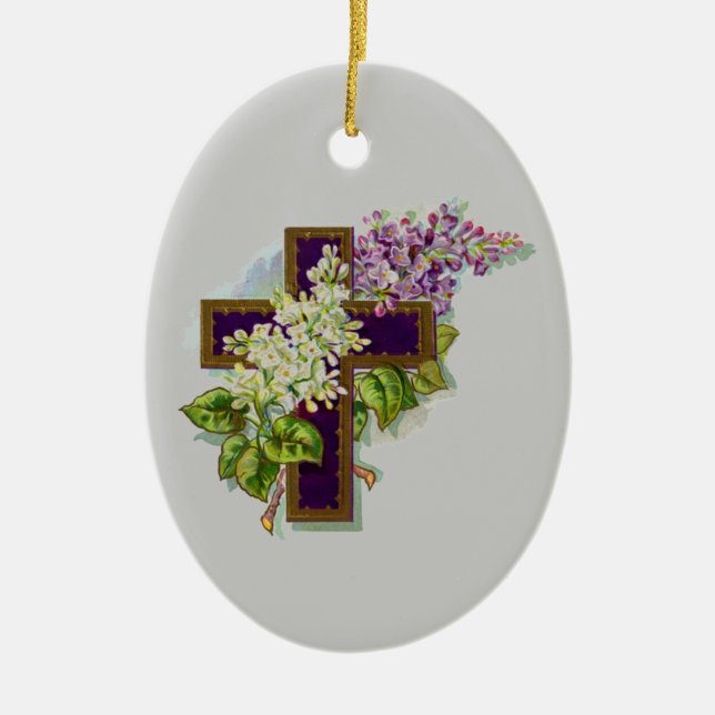 Purple Cross With Flowers Ceramic Tree Decoration (Front)