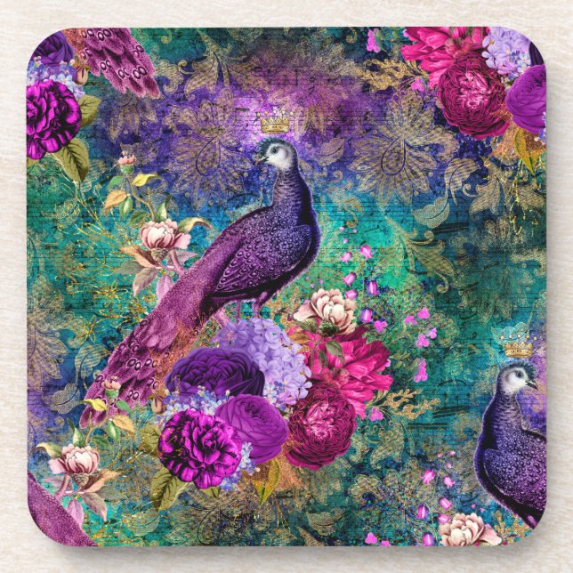 Purple Crowned Peacock with Flowers Coaster (Front)