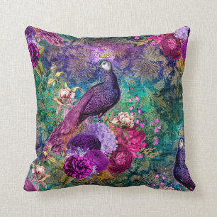 Purple Crowned Peacock with Flowers Cushion