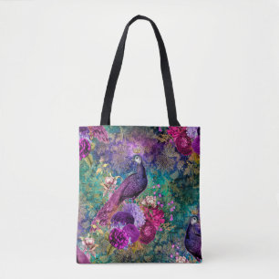 Purple Crowned Peacock with Flowers Tote Bag