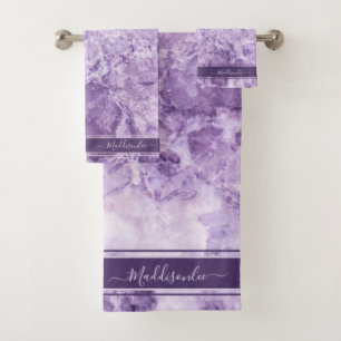Purple crystal Monogram Name Marble Custom  Bath Towel Set