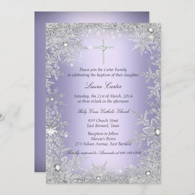 Purple Crystal Snowflake Baptism/Christening Invitation (Front/Back)