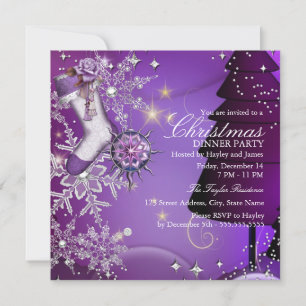Purple Crystal Snowflake Christmas Dinner Party 4 Invitation