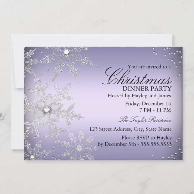 Purple Crystal Snowflake Christmas Dinner Party Invitation (Front)