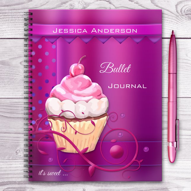 Purple Cupcake Bullet Journal or Recipe Notebook (Notebook featuring a sweet cupcake design with floral swirl on elegant purple fuchsia pink)