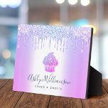 Purple Cupcake Glitter Drips Bakery Pastry Chef Plaque<br><div class="desc">Present your best self to your clients, with this elegant, sophisticated, simple, and modern custom business name easel back plaque. A sparkly, purple pink blue ombre cupcake, script handwritten typography and glitter drips overlay a faux metallic purple blue ombre background. Personalise with your full name and/or business. Available in 3...</div>