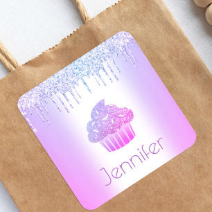 Purple cupcake glitter drips modern girly name  square sticker